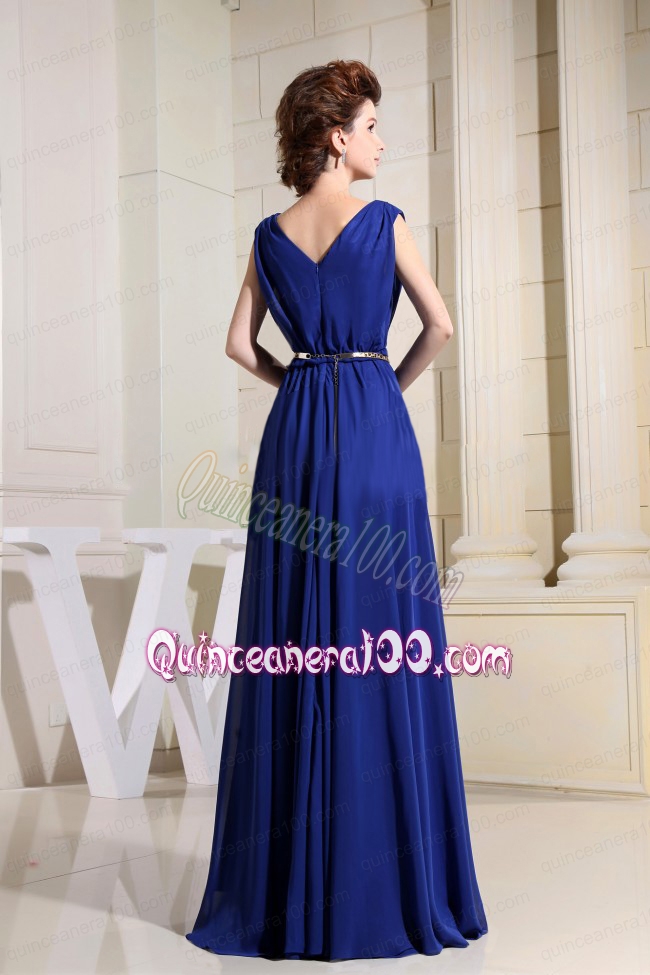 Royal Blue Mother of the Dress With V-neck Chiffon