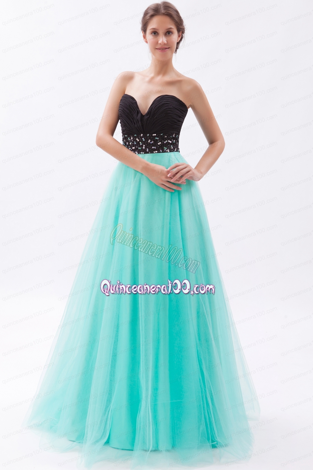 Black and Turquoise A Line Sweetheart Floor Length Tulle Beading Mother of the Dress