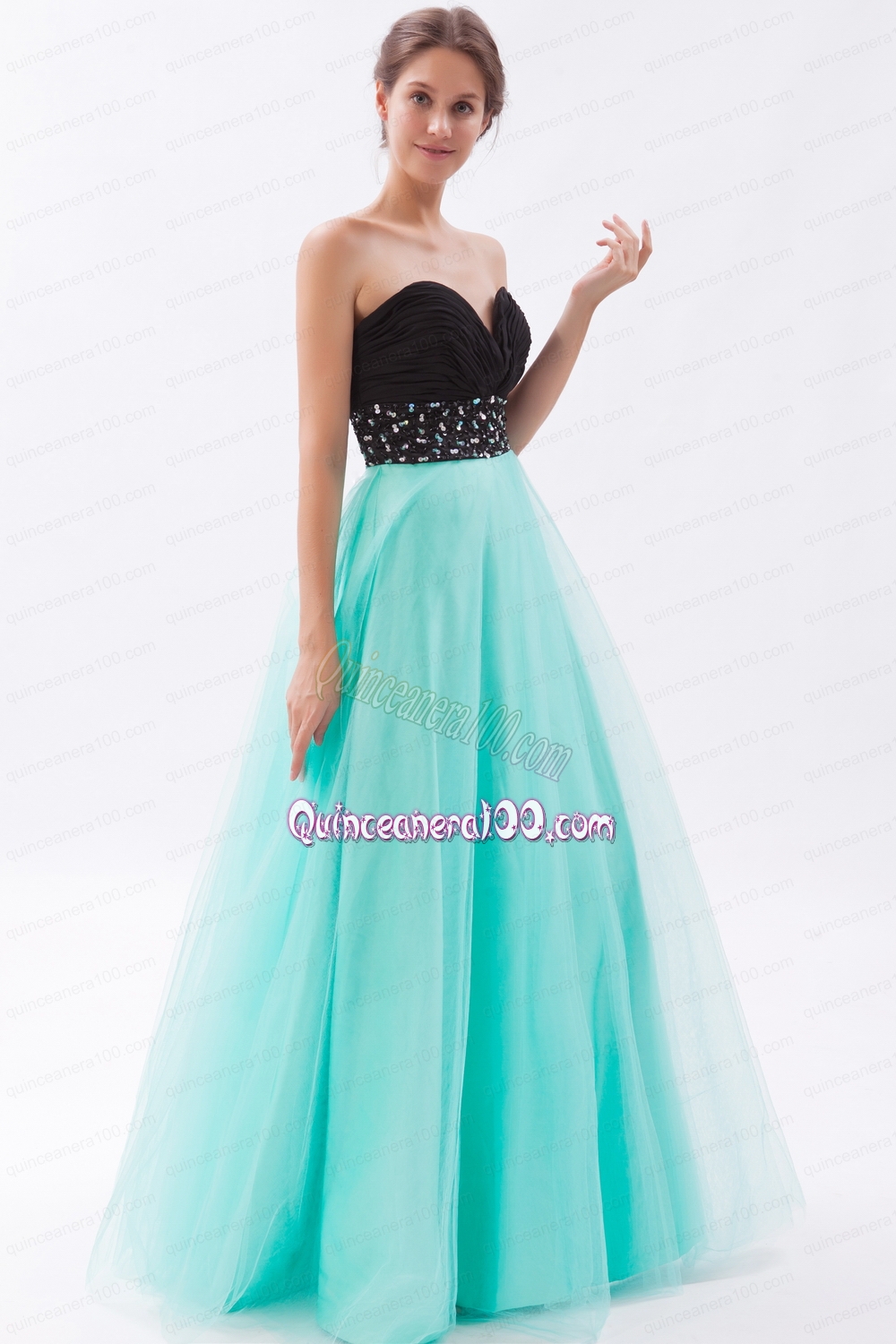 Black and Turquoise A Line Sweetheart Floor Length Tulle Beading Mother of the Dress