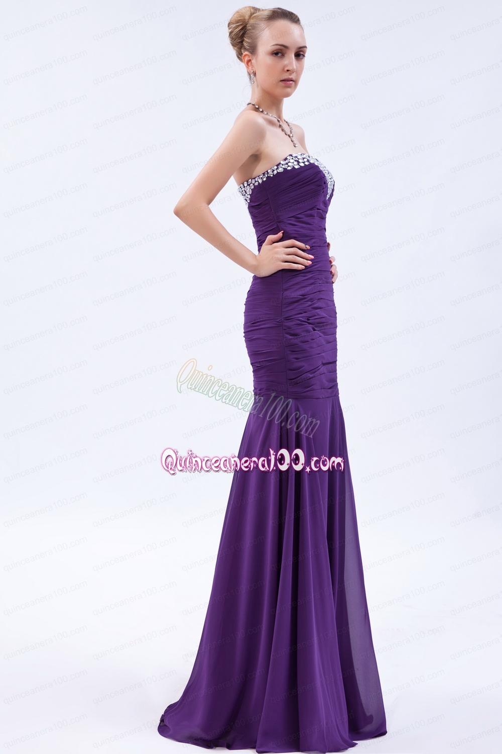 Purple Trumpet Sweetheart Beading and Ruching Mother of the Dress Brush Train Chiffon