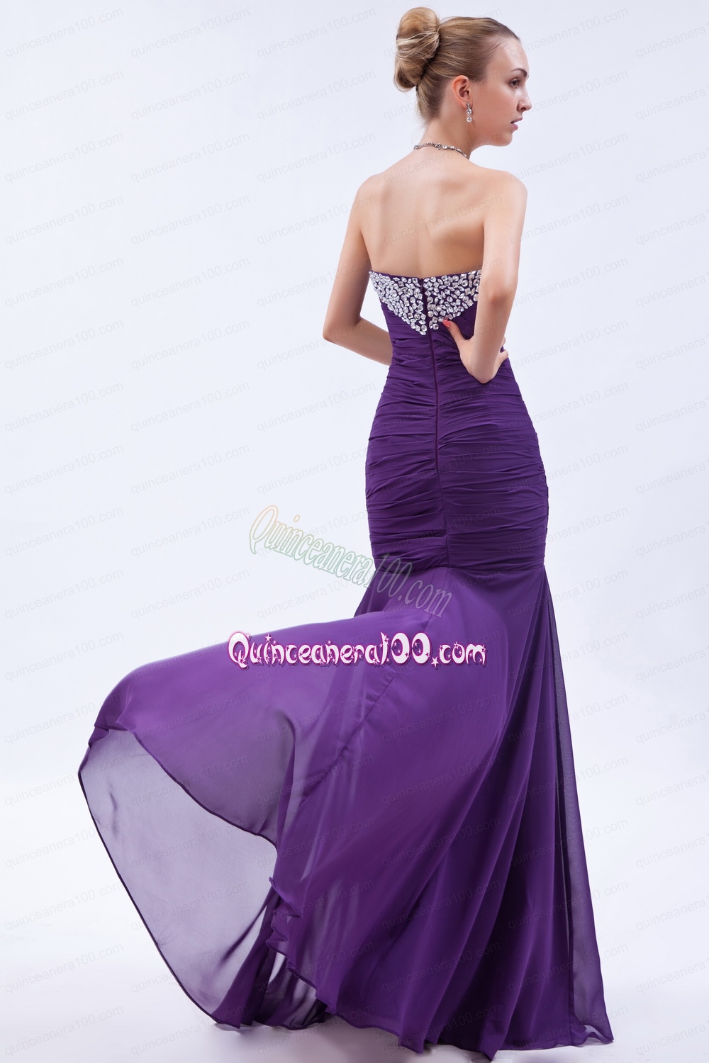 Purple Trumpet Sweetheart Beading and Ruching Mother of the Dress Brush Train Chiffon