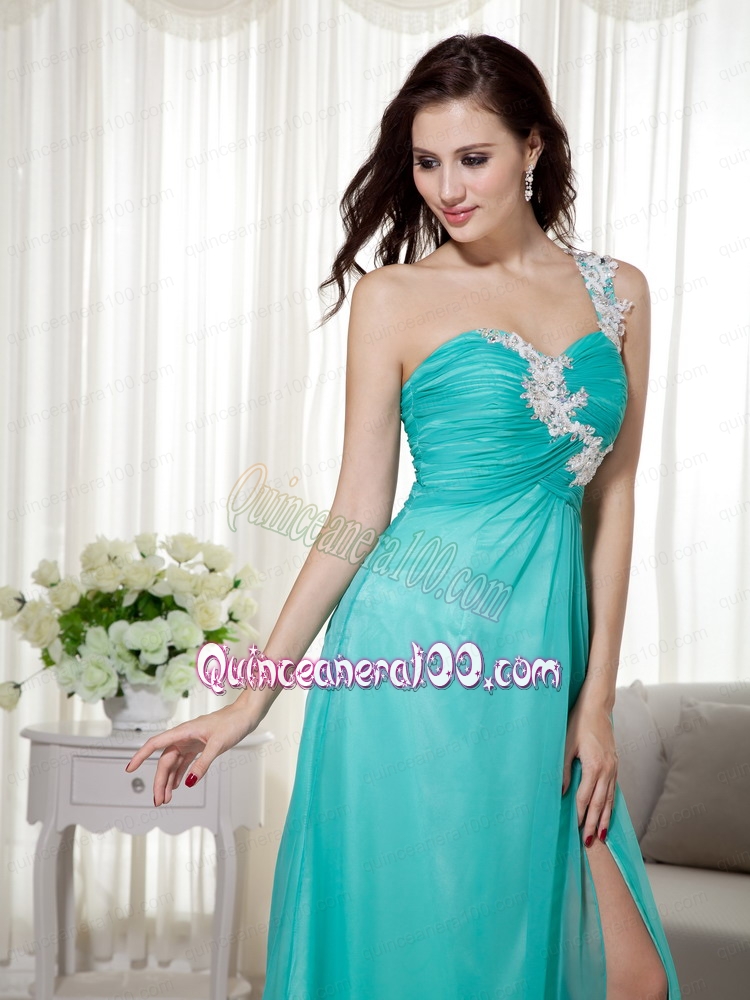 Turquoise Empire One Shoulder Brush Train Silk Like Satin and Chiffon Appliques Mother of