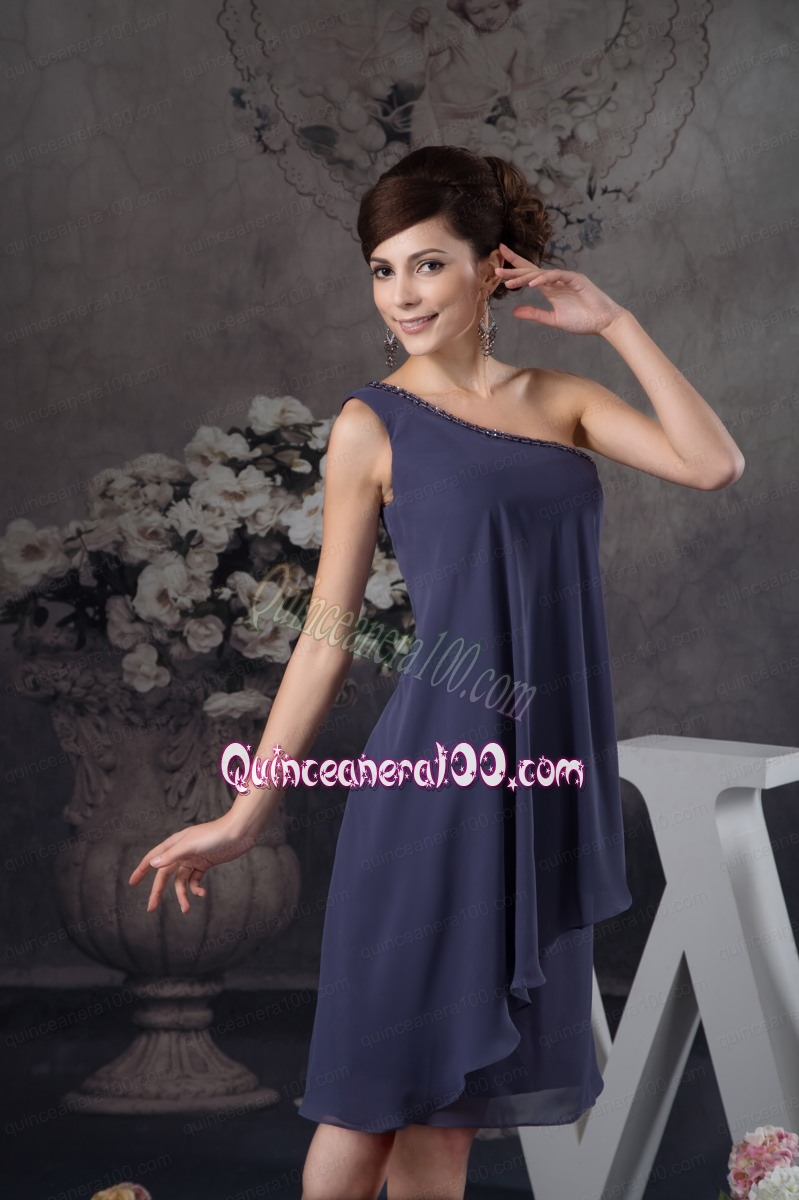 Beaded One Shoulder Navy Blue Column Mother of the Dress