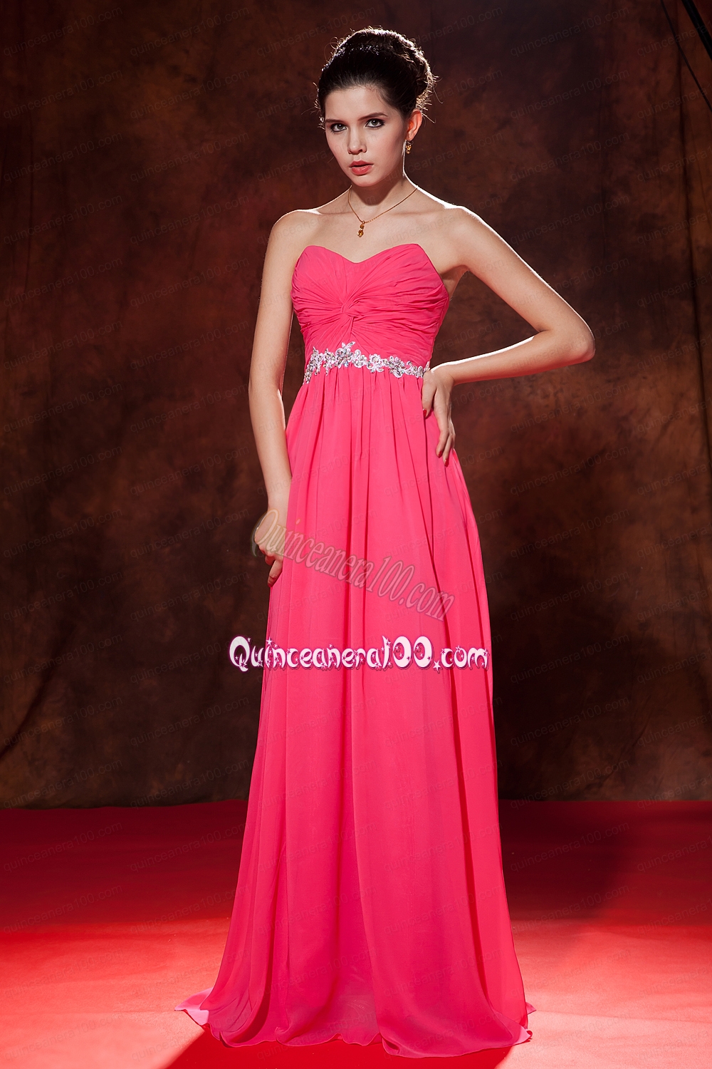 Coral Red Empire Mother of the Dress Sweetheart Chiffon Beading Floor Length