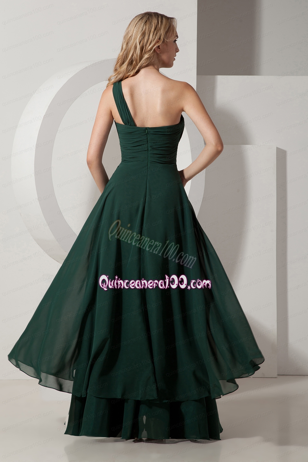 Dark Green A Line One Shoulder Mother of the Dress Chiffon Ruch Floor Length