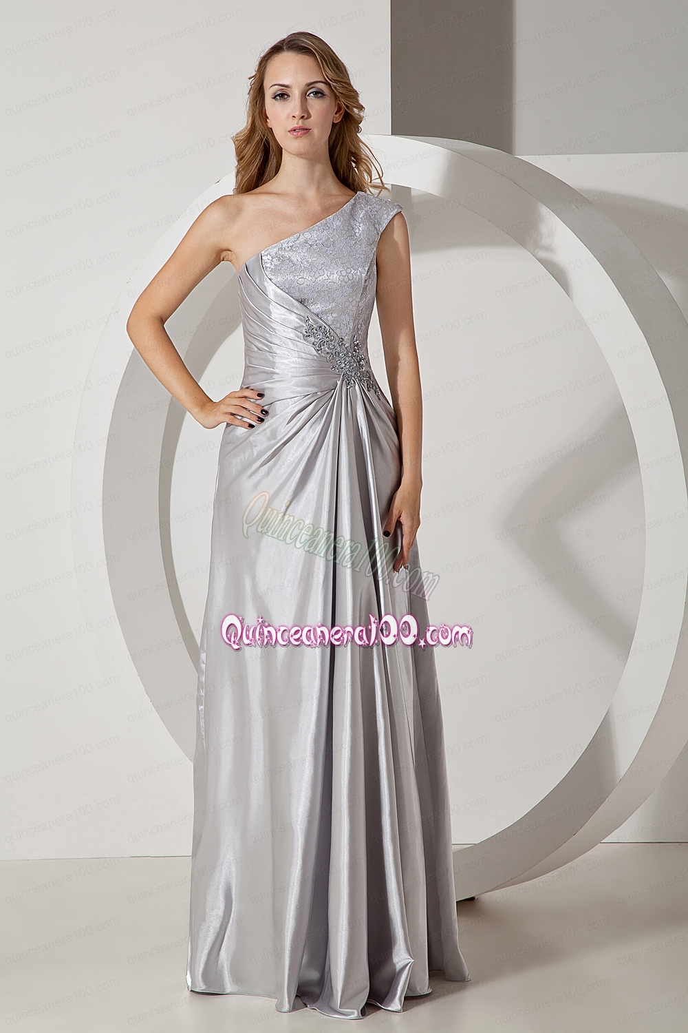 Silver Column One Shoulder Beading Mother of the Dress Floor Length Taffeta