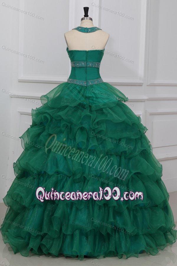 Green Halter Top Beading and Ruffles Layered Quinceanera Dress