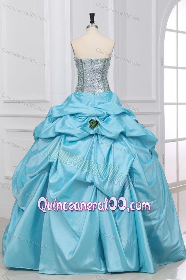 Light Blue Strapless Sequins and Taffeta Flowers Quinceanera Dress