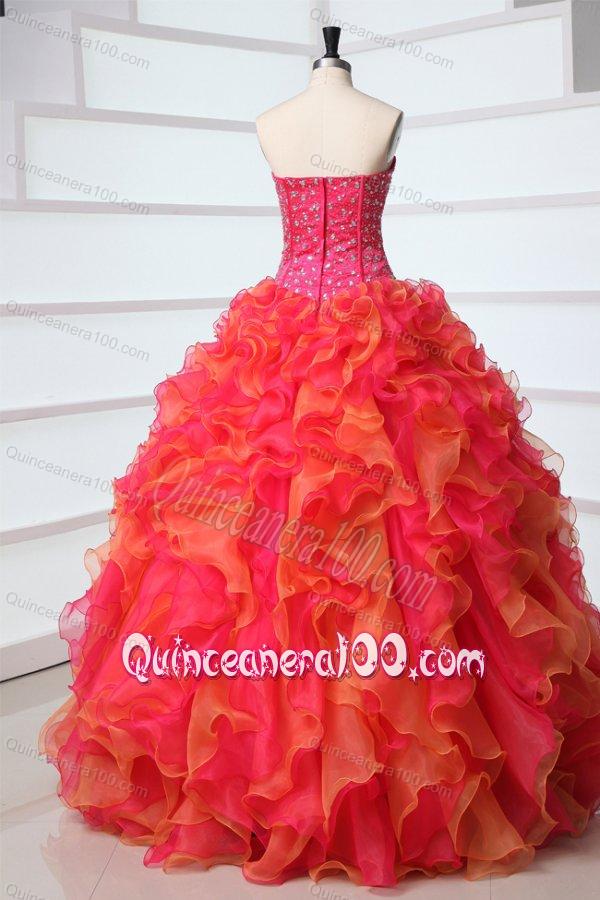 Strapless Red and Orange Red Quinceanera Dress with Beading and Ruffles