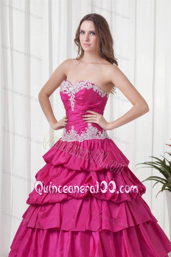 A-line Sweetheart Hot Pink Taffeta Appliques Long Quinceanera Dress