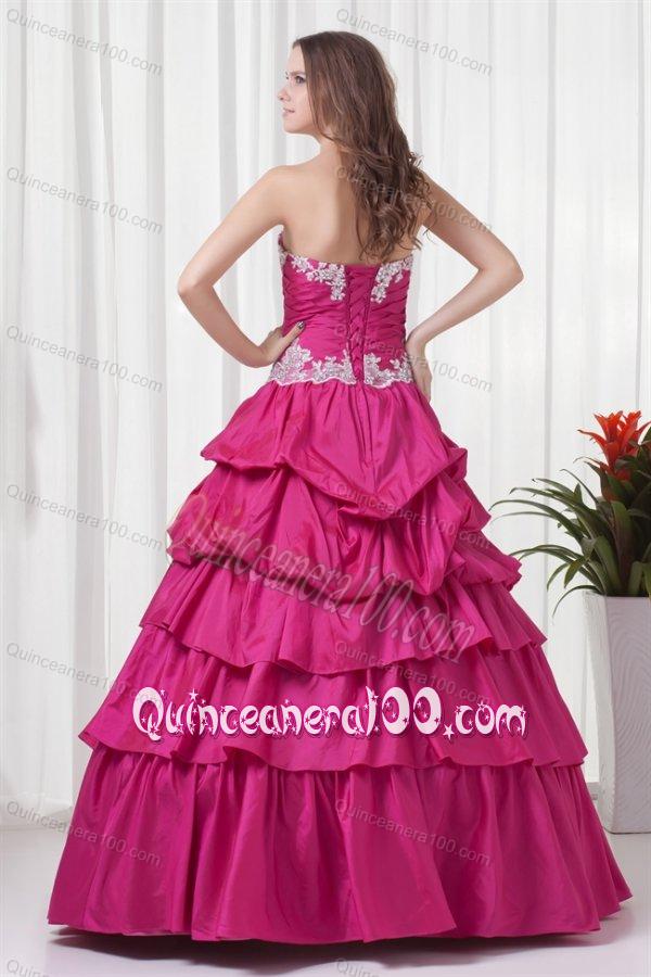 A-line Sweetheart Hot Pink Taffeta Appliques Long Quinceanera Dress