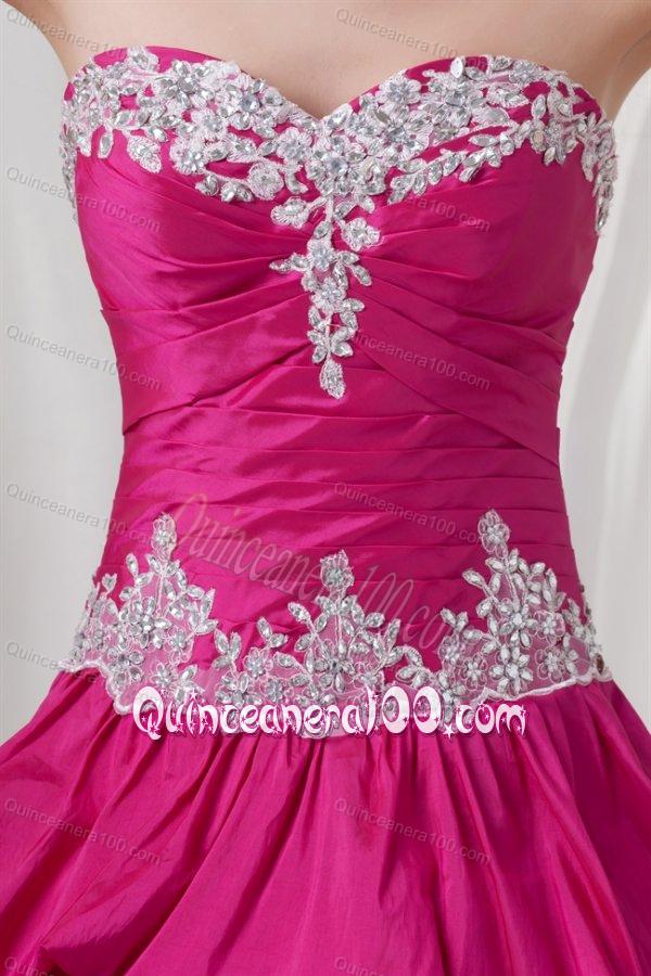 A-line Sweetheart Hot Pink Taffeta Appliques Long Quinceanera Dress