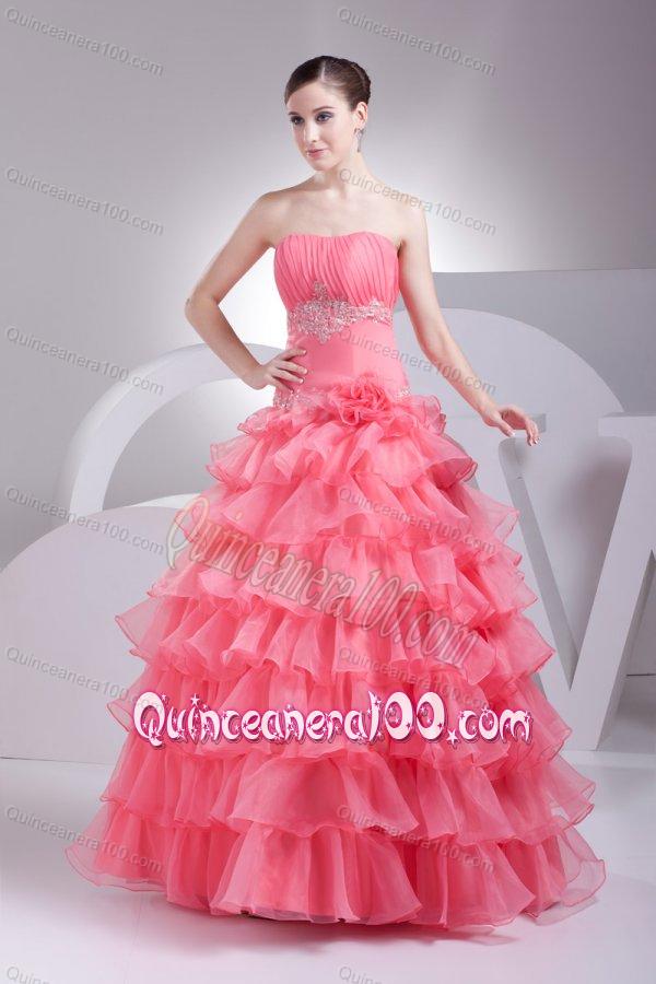 Appliques and Ruffles Layered Strapless Watermelon Quinceanera Dress