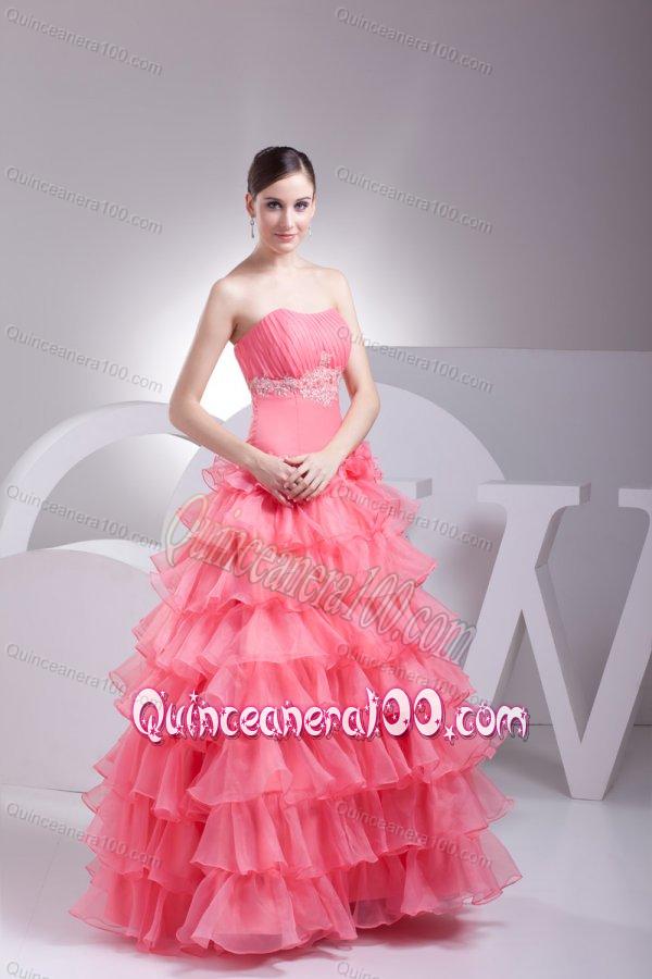 Appliques and Ruffles Layered Strapless Watermelon Quinceanera Dress