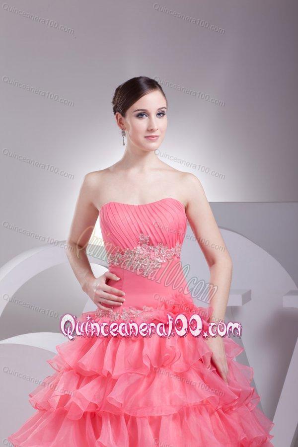 Appliques and Ruffles Layered Strapless Watermelon Quinceanera Dress