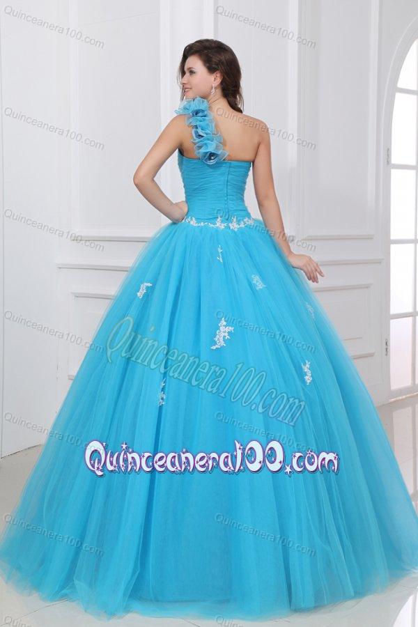 Aqua One Shoulder Appliques and Hand Made Flowers Quinceanera Dress