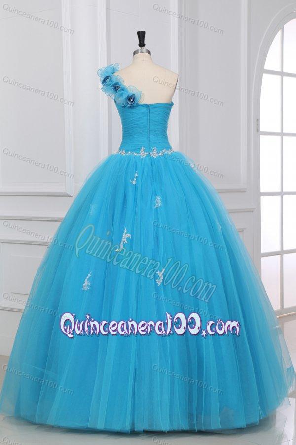 Aqua One Shoulder Appliques and Hand Made Flowers Quinceanera Dress