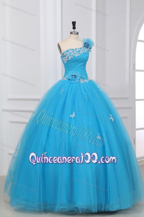 Aqua One Shoulder Appliques and Hand Made Flowers Quinceanera Dress