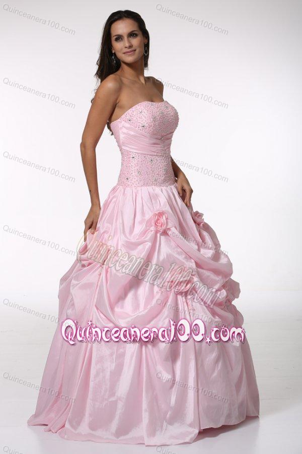 Beading and Hand Made Flowers Strapless Baby Pink Quinceanera Dress