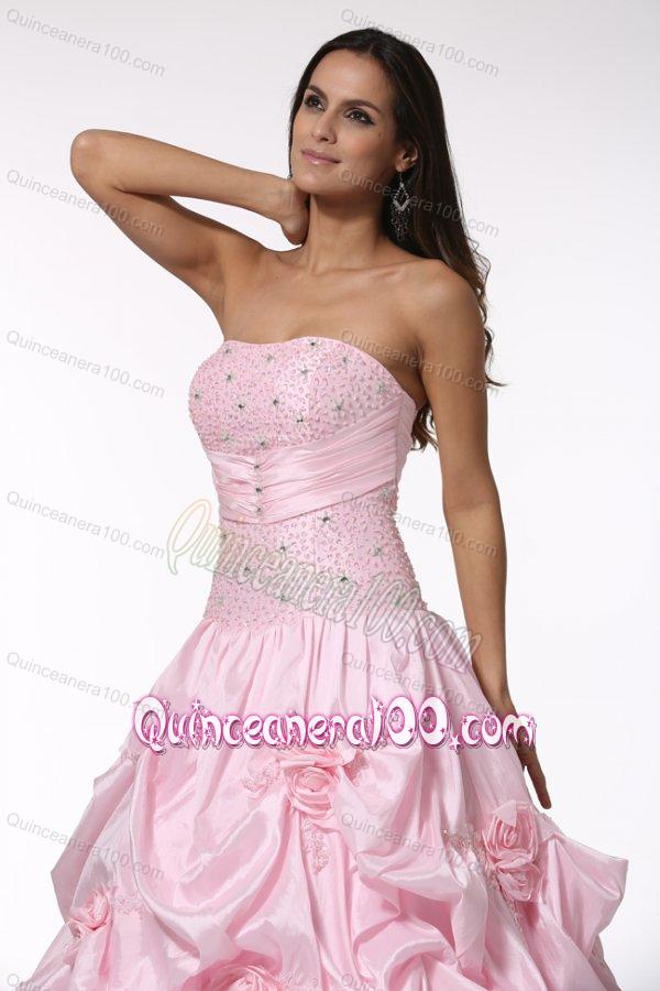 Beading and Hand Made Flowers Strapless Baby Pink Quinceanera Dress