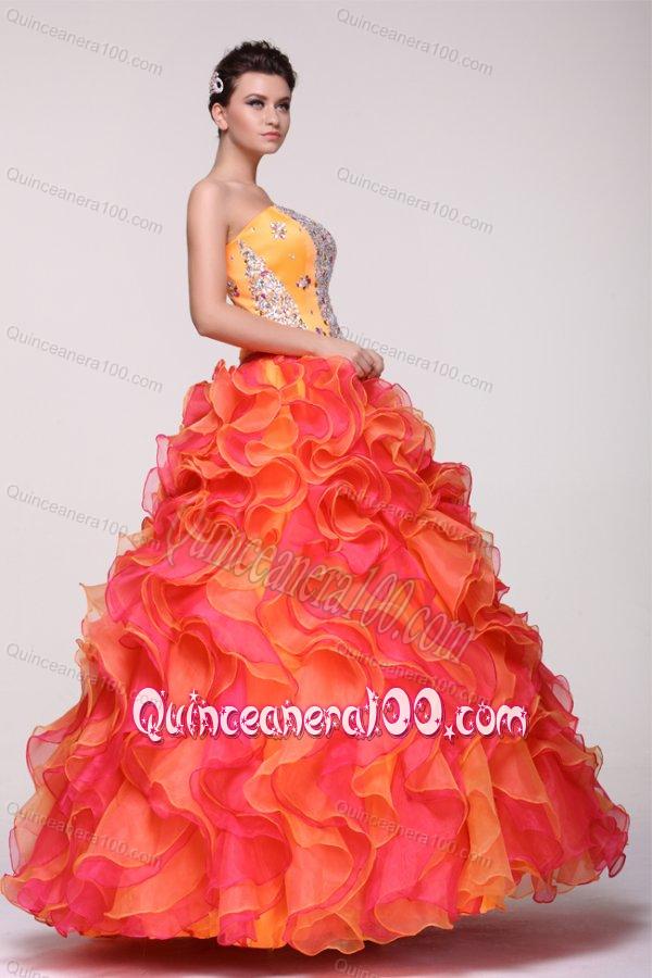 Beading and Rhinestone Strapless Multi-color Quinceanera Dress