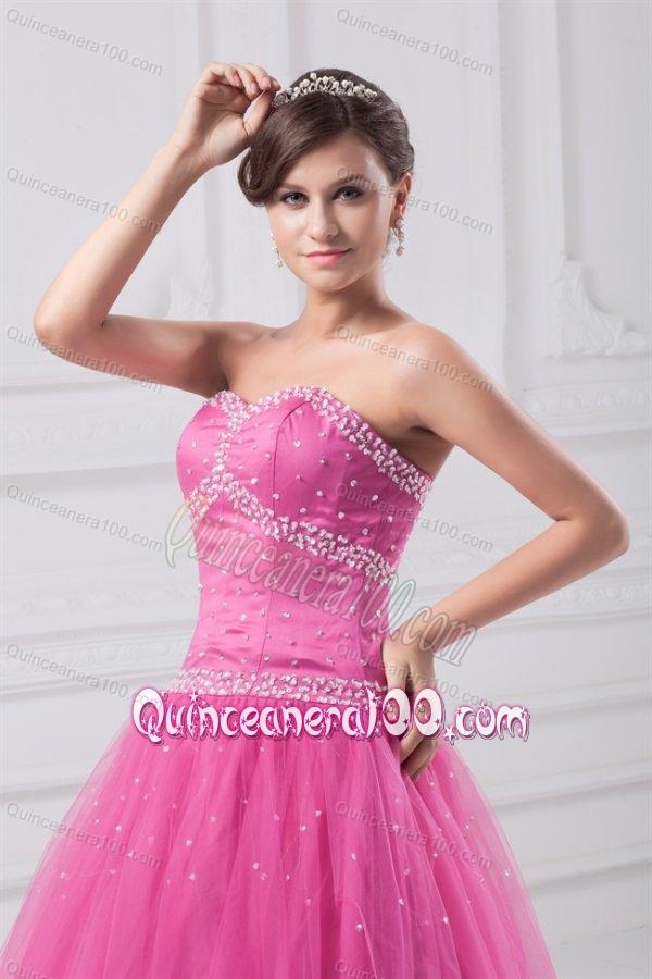 Rose Pink Sweetheart Beaded Decorate Tulle Quinceanera Dress