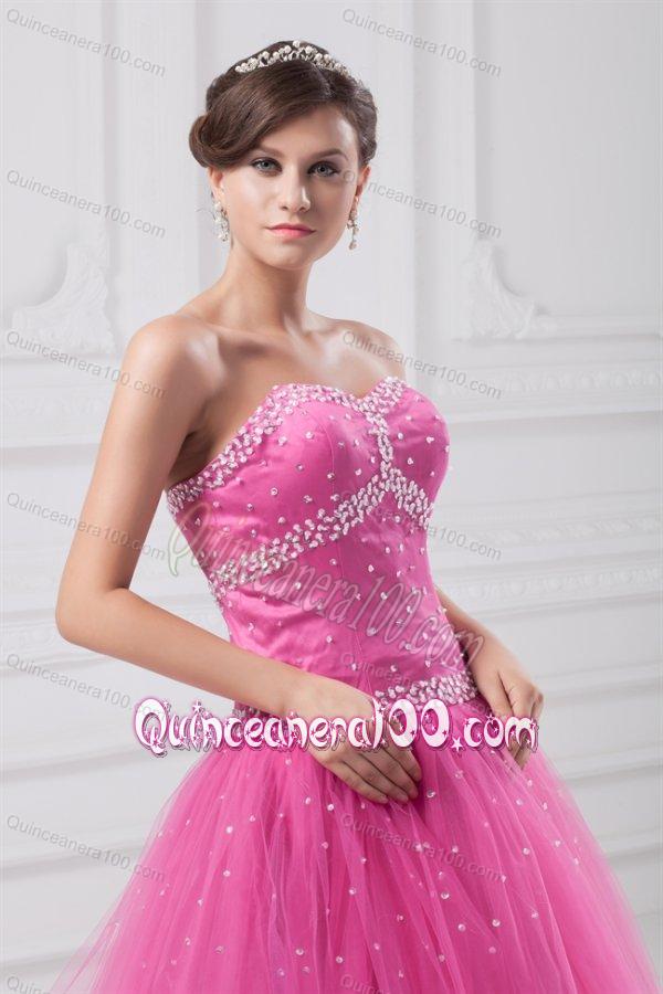 Rose Pink Sweetheart Beaded Decorate Tulle Quinceanera Dress