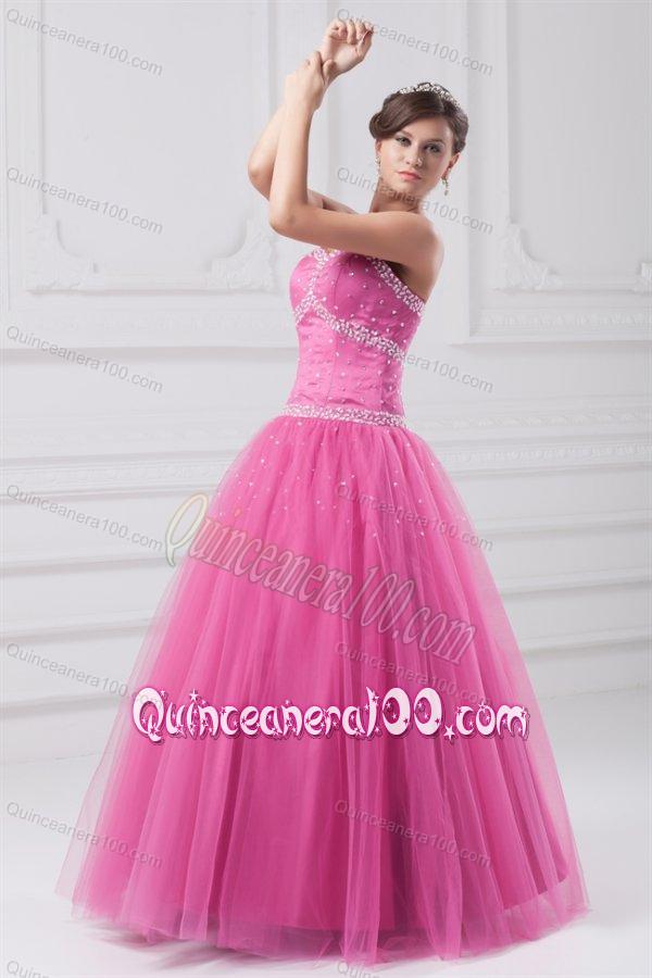 Rose Pink Sweetheart Beaded Decorate Tulle Quinceanera Dress