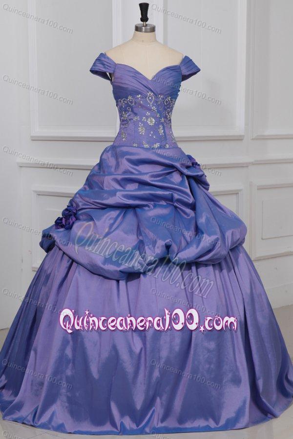 Off The Shoulder Beading and Flowers Taffeta Quinceanera Dress in Lavender