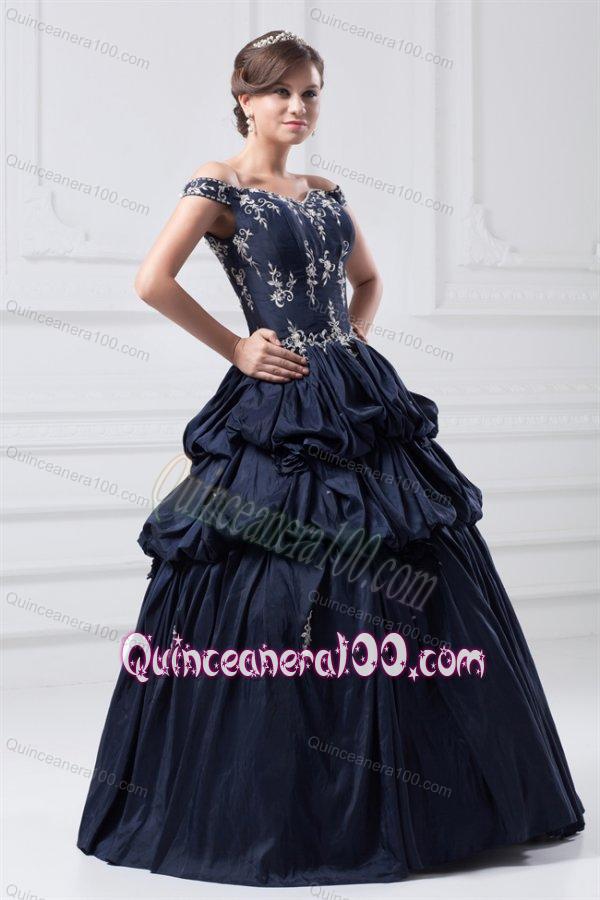 Off The Shoulder Taffeta Navy Blue Quinceanera Dress with Appliques