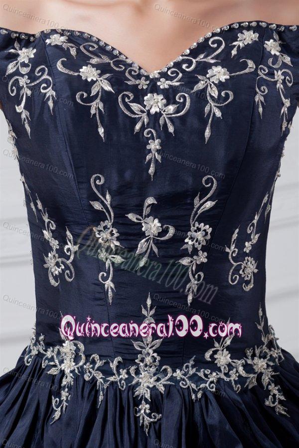 Off The Shoulder Taffeta Navy Blue Quinceanera Dress with Appliques