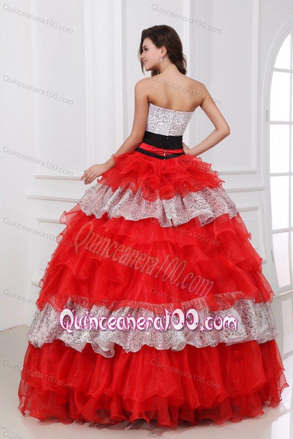 Red and White Strapless Organza Quinceanera Dress with Beading