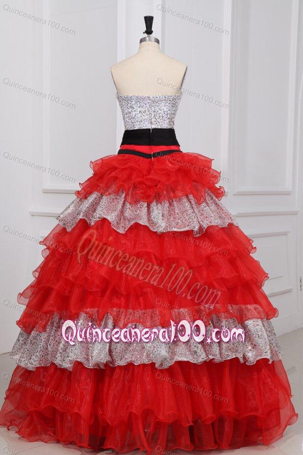 Red and White Strapless Organza Quinceanera Dress with Beading