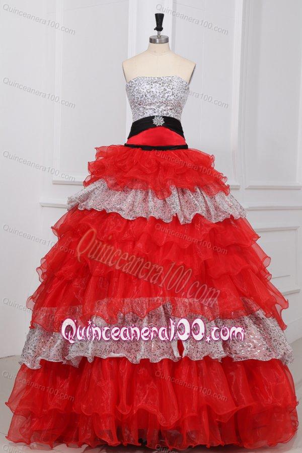 Red and White Strapless Organza Quinceanera Dress with Beading