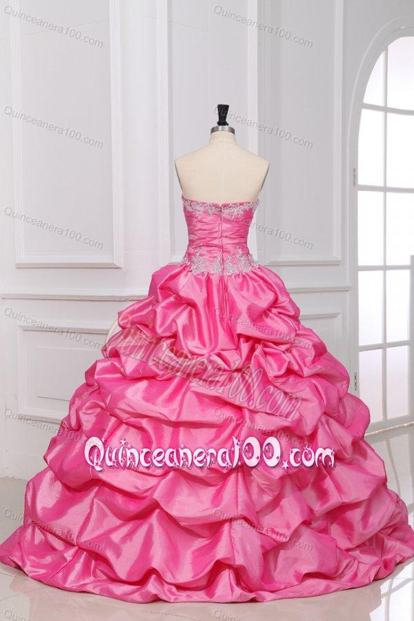 Rose Pink Strapless Appliques and Pick-ups Quinceanera Dress with Taffeta