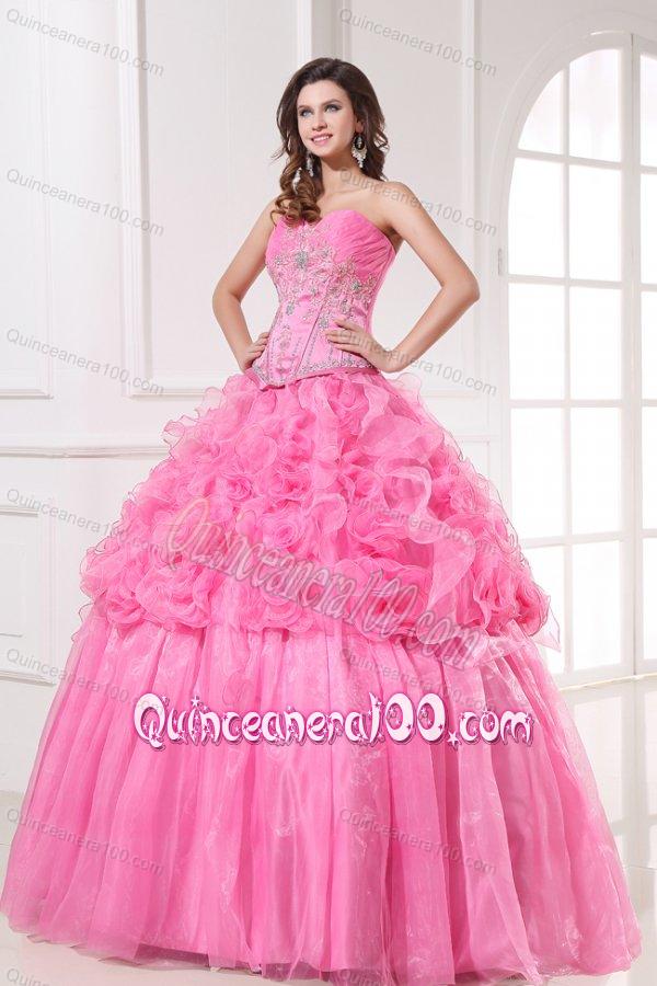 Rose Pink Sweetheart Appliques and Rolling Flowers Quinceanera Dress