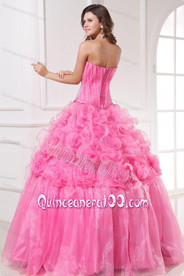 Rose Pink Sweetheart Appliques and Rolling Flowers Quinceanera Dress