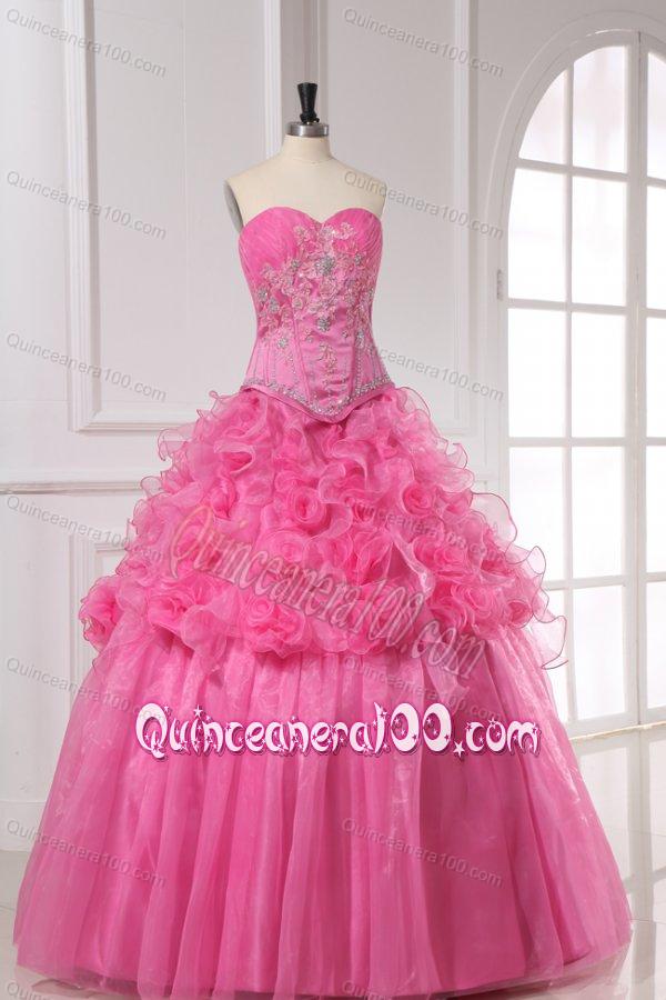 Rose Pink Sweetheart Appliques and Rolling Flowers Quinceanera Dress