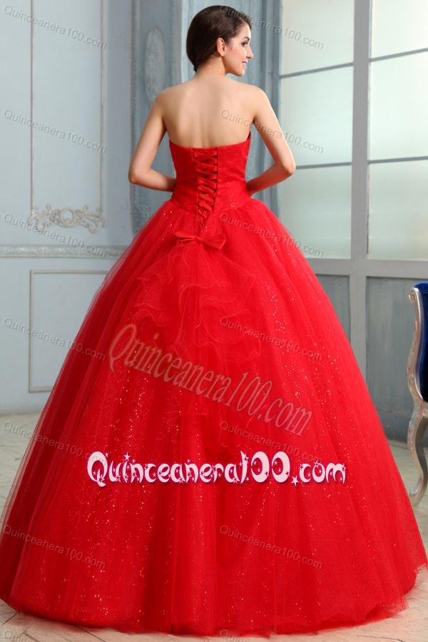 Strapless Beaded Decorate Fill Length Quinceanera Dress in Red