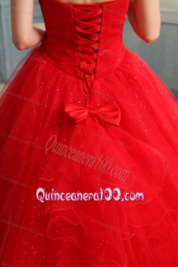 Strapless Beaded Decorate Fill Length Quinceanera Dress in Red