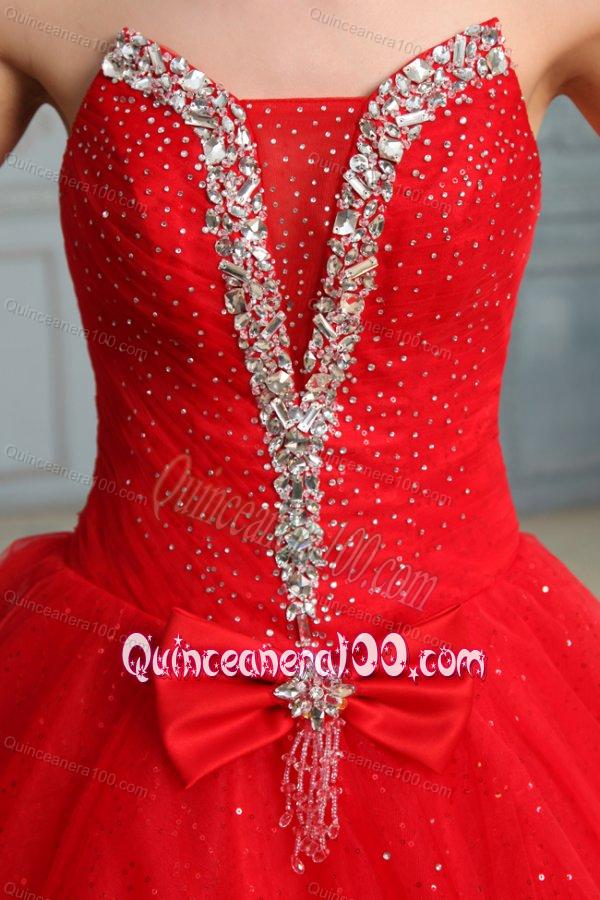 Strapless Beaded Decorate Fill Length Quinceanera Dress in Red