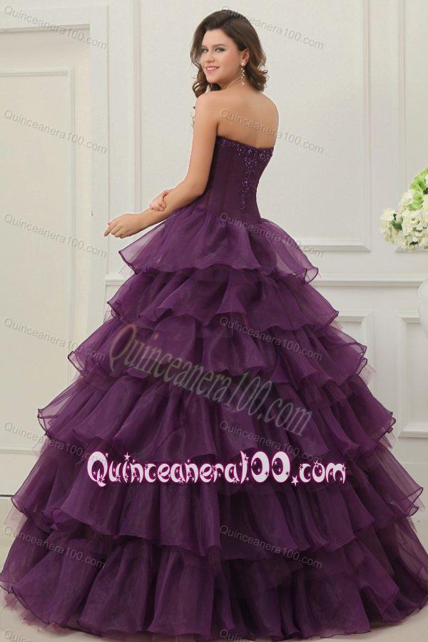 Strapless Beading and Ruffles Layered Quinceanera Dress in Dark Purple