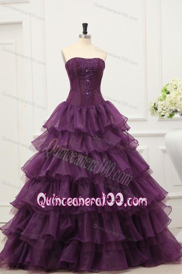 Strapless Beading and Ruffles Layered Quinceanera Dress in Dark Purple