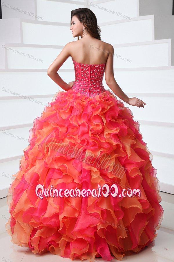 Strapless Beading and Ruffles Quinceanera Dress in Red and Orange Red