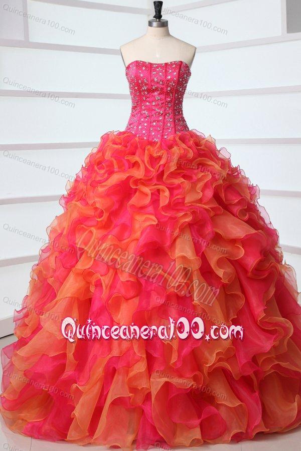 Strapless Beading and Ruffles Quinceanera Dress in Red and Orange Red