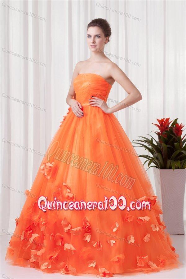 Strapless Orange Red A-line Quinceanera Dress with Hand Made Flowers