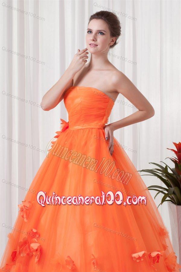 Strapless Orange Red A-line Quinceanera Dress with Hand Made Flowers