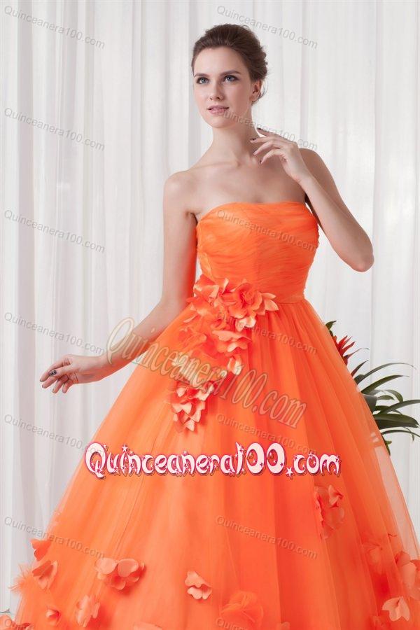 Strapless Orange Red A-line Quinceanera Dress with Hand Made Flowers