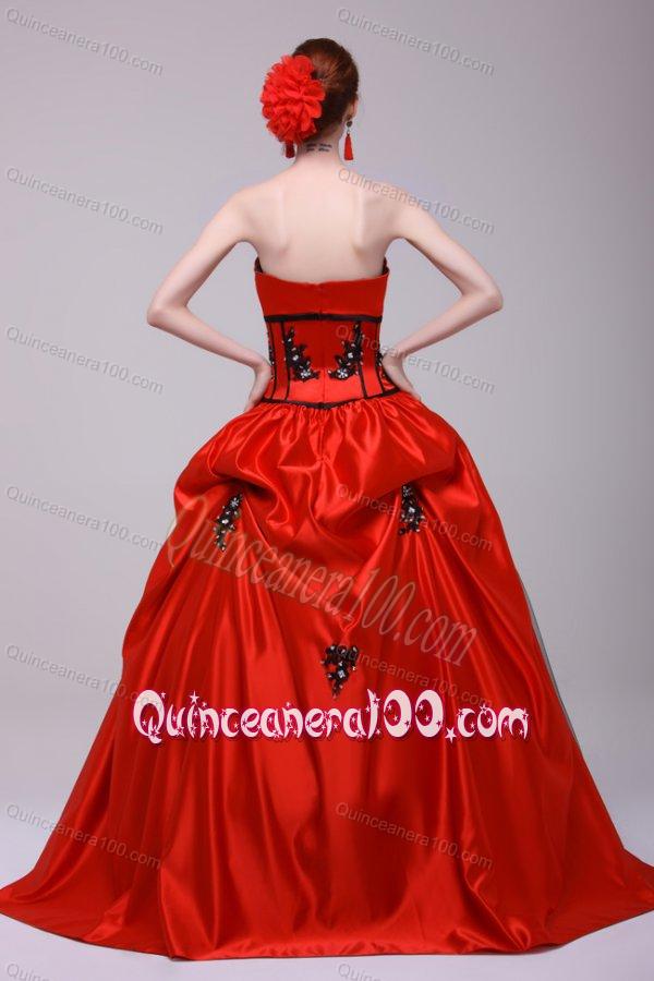 Strapless Red and Black Quinceanera Dress with Appliques with Beading