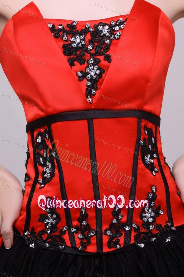 Strapless Red and Black Quinceanera Dress with Appliques with Beading